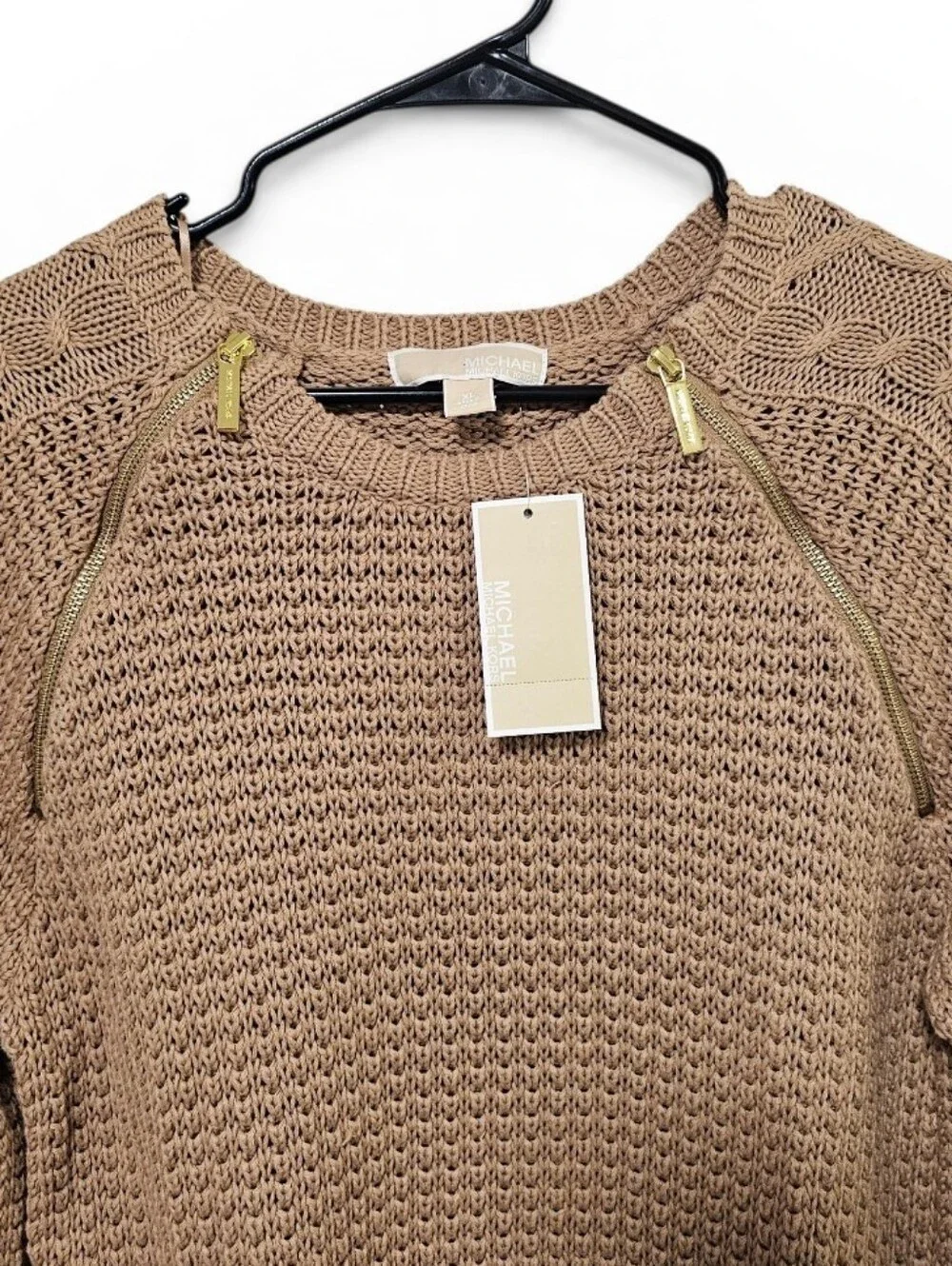 Michael Kors Dark Camel Heavy Knit Sweater Zipper Detail NWT Size XL
